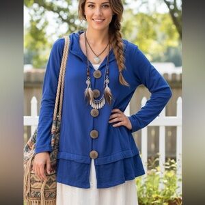 NEON BUDDHA - Pretty Blue Button Up Designer Jacket with unique wooden buttons.